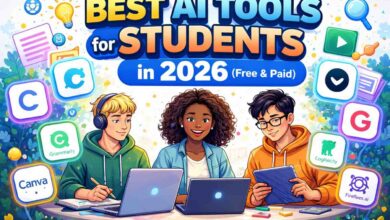 "Feature image showing three diverse students using laptops and tablets with floating icons of AI tools like Canva, Grammarly, Gamma, Fireflies, Logically, and Perplexity. Title text: 'Best AI Tools for Students in 2026 (Free & Paid)'."