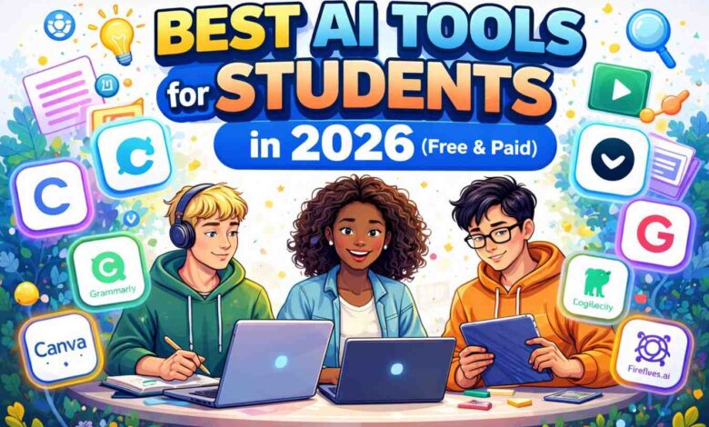 "Feature image showing three diverse students using laptops and tablets with floating icons of AI tools like Canva, Grammarly, Gamma, Fireflies, Logically, and Perplexity. Title text: 'Best AI Tools for Students in 2026 (Free & Paid)'."