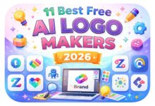 Free AI Logo Makers 2026 - Digital illustration showing multiple AI-generated logos on computer and mobile screens