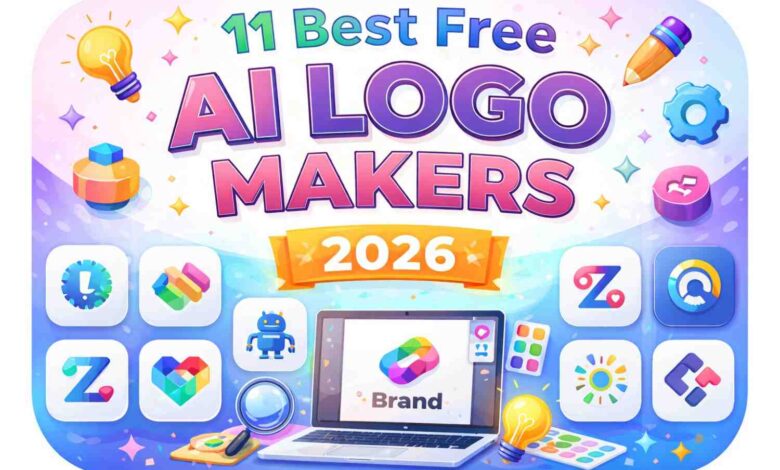 Free AI Logo Makers 2026 - Digital illustration showing multiple AI-generated logos on computer and mobile screens